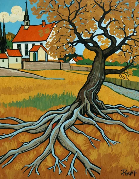 In the vein of Vincent van Gogh's expressive and impasto painting style, a scene depicting 'Roots' unfolds. The foreground showcases a tangle of gnarled, earthy-toned tree roots, their textures and contours swirling in a dance of life and time. A muted yet vibrant color palette, reminiscent of the Dutch master's works, envelopes the composition. In the background, a tranquil village with thatched roofs and a church steeple, bathed in a warm, golden light, symbolizes the nourishing foundation and history from which the roots draw their strength. The interplay of light and shadow, a hallmark of van Gogh's work, lends depth to this evocative portrayal of nature's enduring connection with humanity.