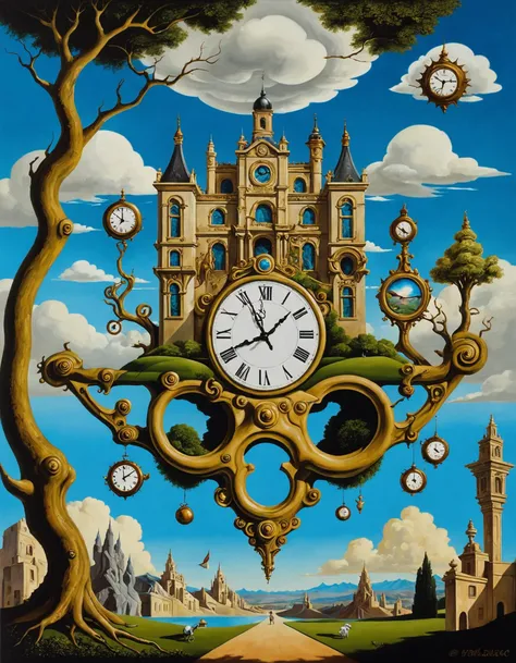 In the surrealist interpretation reminiscent of Salvador Dalí's works, we witness a dream-like scene where melting clocks and distorted perspectives intertwine with intricate details. A grandiose palace, adorned with baroque ornamentation, is in the foreground, while a surreal landscape of floating clouds, twisted trees, and anthropomorphic creatures unfolds in the background. The colors, as in a kaleidoscope, blend from vibrant to subdued, creating a captivating juxtaposition of reality and fantasy.