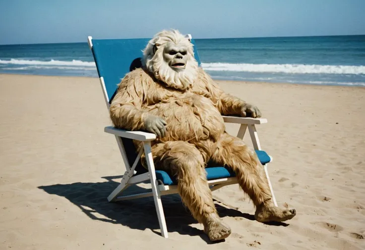1960s analog photo of a scene from a daytime tv-show depicting a elderly overweight (Yeti:1.2) sleeping on a beach chair, shot on kodachrome, film grain