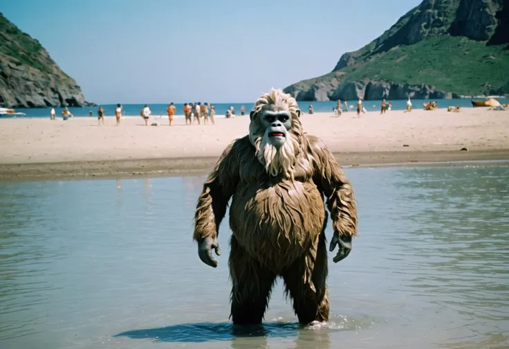 1960s analog photo of a scene from a daytime tv-show depicting a sad elderly overweight (Yeti:1.2) is wading in the water at the beach, shot on kodachrome, film grain