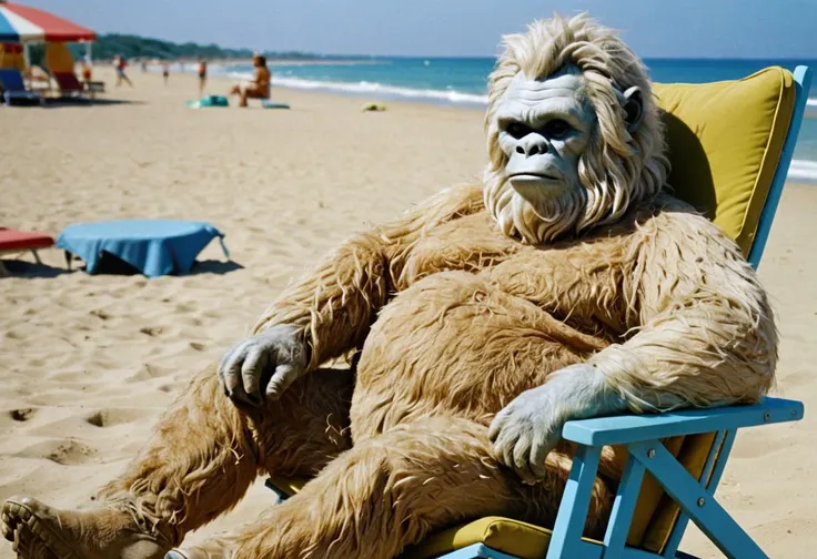 1960s analog photo of a scene from a daytime tv-show depicting a sad elderly overweight (Yeti:1.2) is sleeping in the beach chair, shot on kodachrome, film grain