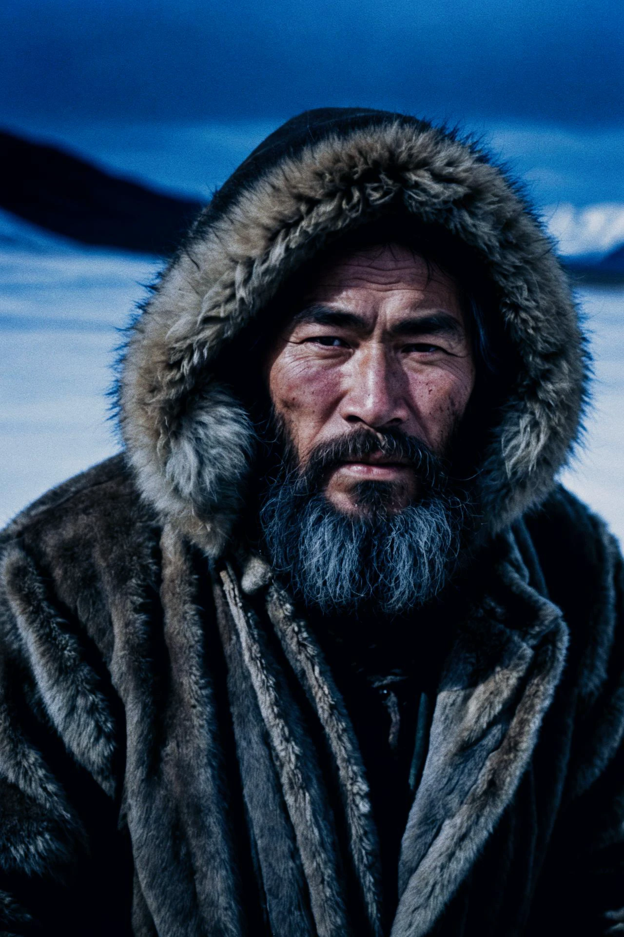 intimate portrait photograph captures A Koryak man from Russian Far East, in his 50s, with a thick beard and wearing a fur-lined parka, his eyes reflecting a life in the tundra. by George Eastman, inspired by the works of Jake Parker and Todd James, Blinding lights, Ricoh GR IIIx