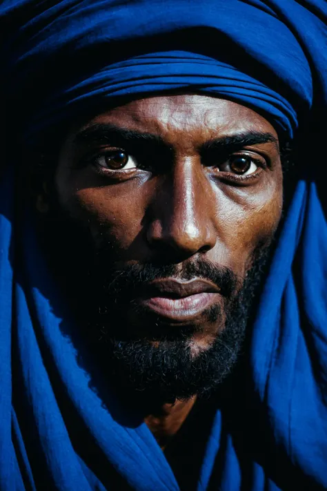 intimate portrait photograph captures A Tuareg man from the Sahara, in his 40s, with a deep blue turban and robes, covering most of his face, revealing only his weathered eyes. by Ando Fuchs, inspired by the works of Eugene Delacroix and Igor Morski, Low key lighting, Cinestill 800T