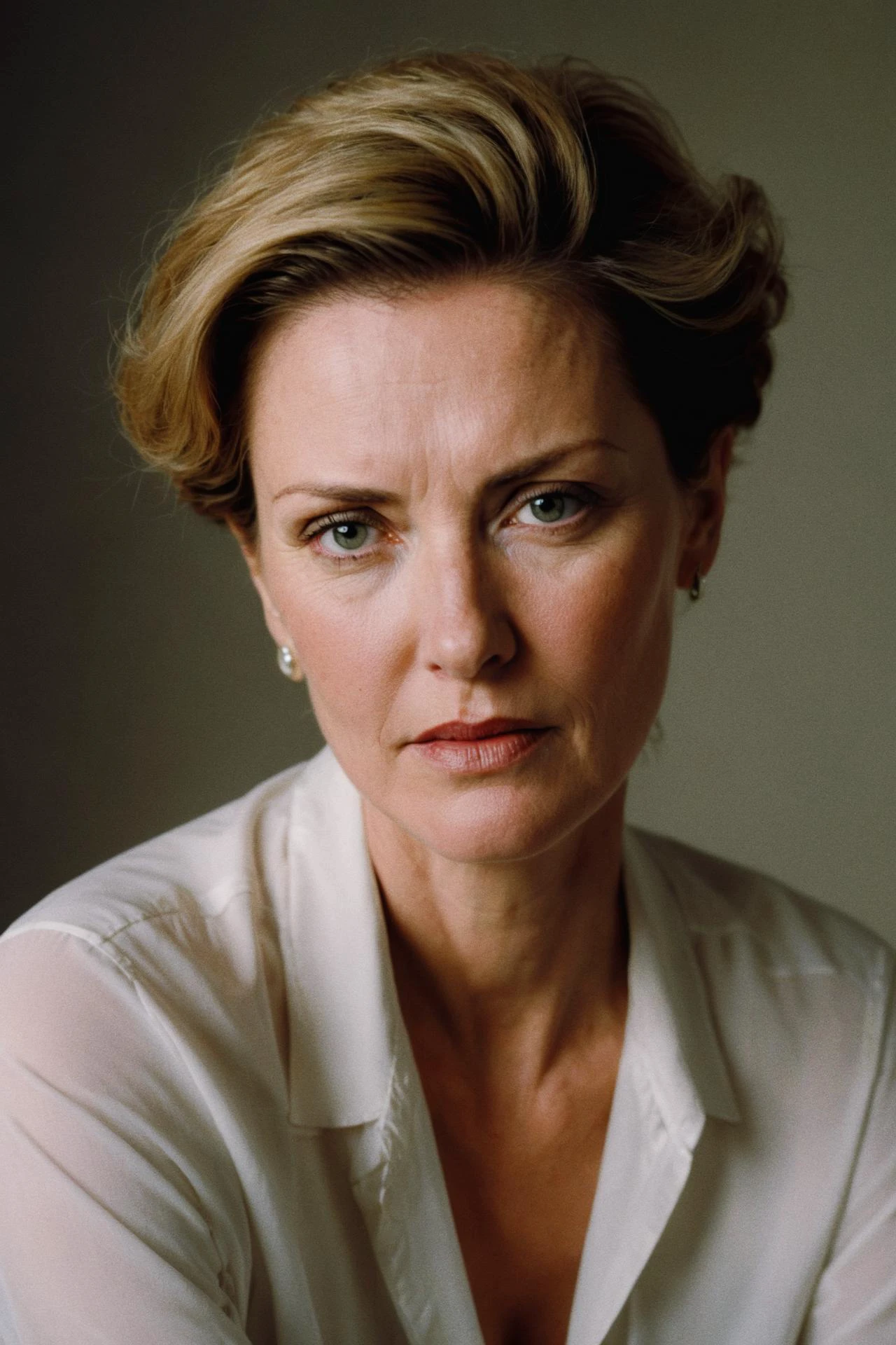 intimate portrait photograph captures A middle-aged woman with a distinct, angular face. Her hair is pulled back tightly, and she wears a simple, unadorned blouse. She has a look of determination.. the photo is inspired by the works of Raphael and Patrick Nagel, Soft lighting, shot on Zeiss Ikon