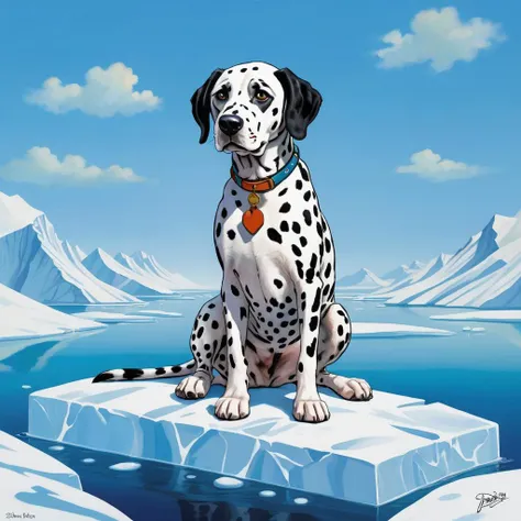 (Cute:1.2), (2D:1.3), illustration of a adult Dalmatian, stranded on top of a iceberg, 
(style of Marc Davis:1.2), style of Dave Gibbons, Oil Painting