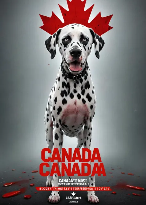 1dog, (text logo "Canada's most terrifying day":1.2), <lora:Movie Poster:0.9>, Movie Poster page. bloody crime - attack on a Dalmatian. Dalmatians are quite active dogs that require heavy exercise and long walks in the fresh air. They can be excellent companion dogs and family pets., <lora:Harrlogos_v2.0:1.2>