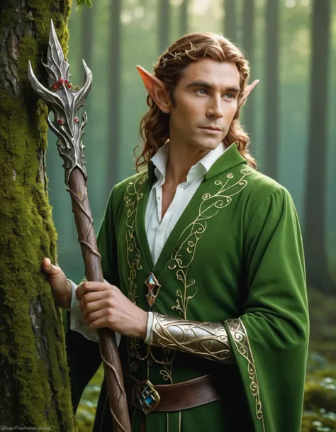 Fantasy portrait, elf, magic staff, enchanted forest, reminiscent of Erol Otuz's work