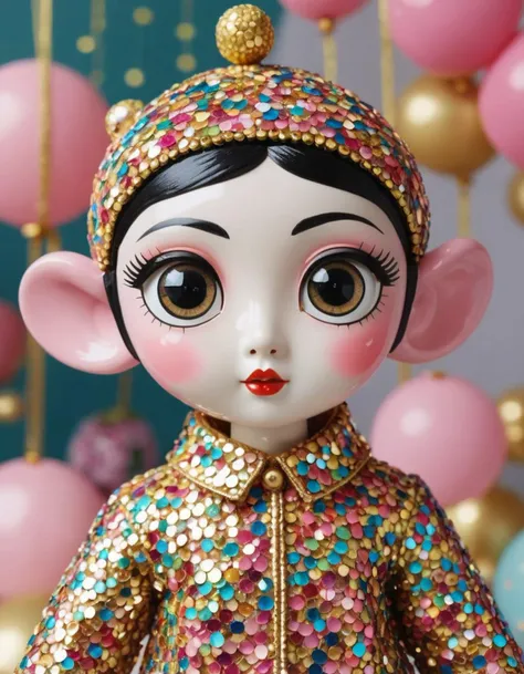A whimsical character, dressed in sequined clothes, with large eyes and rosy cheeks. Inspired by the playful designs of Liu Haisu.