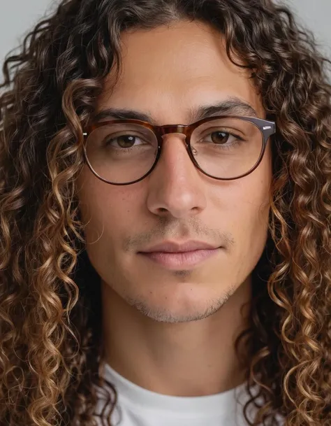 a close up portrait of a person with long curly brown hair and glasses