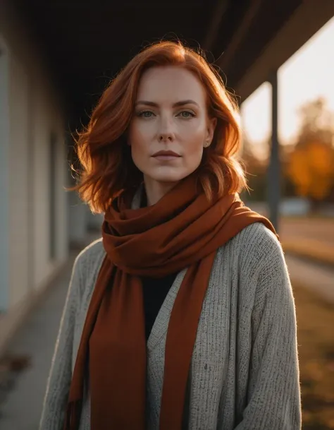 a character photo portrait of a Canadian woman with rust hair Showcasing a statement, oversized wool scarf over a sleek shift dress., a character portrait by Matej Sternen, pexels contest winner, tonalism, backlit portrait, portrait soft light, dramatic light on face