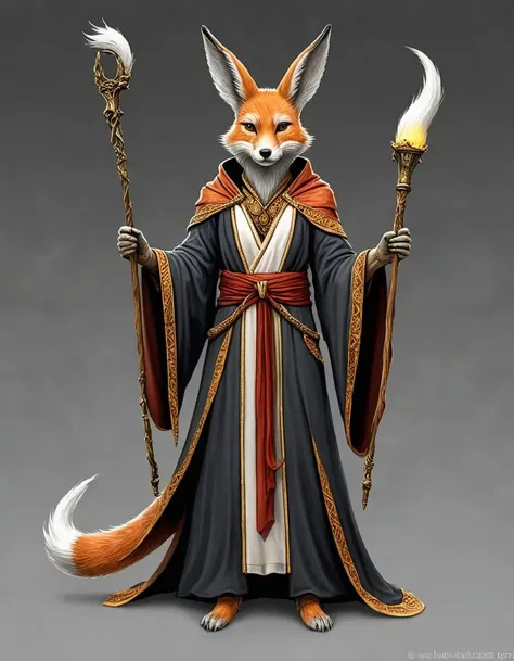 A humanoid figure with rabbit ears and fox tail. Holding a staff and wearing a robe. Fantasy art.