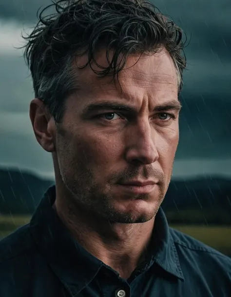 Close-up portrait of a man, tense expression, stormy weather backdrop, dramatic lighting, reminiscent of Ansel Adams' work