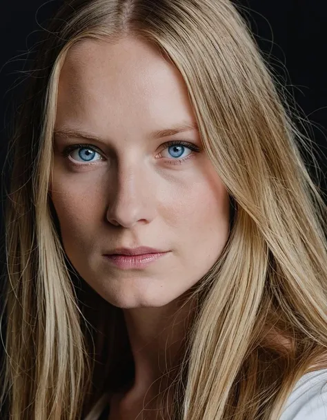 A close-up portrait of a woman with long blonde hair and blue eyes looking determinedly into the camera. She is wearing a white dress and stands against a dark background.