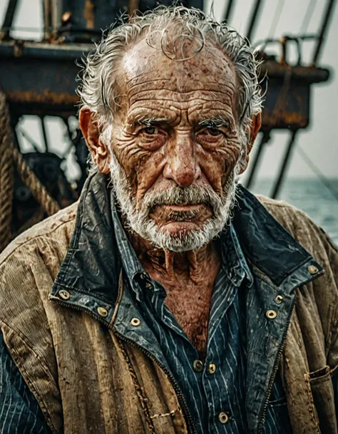photograph breathtaking cinematic portrait of documentary style of Portrait of an old fisherman at sea, using natural light to highlight weathered textures. 35mm lens, f/5.6, truthful representation, neutral perspective. 85mm lens, f/1.8, dramatic side lighting, moody atmosphere . award-winning, professional, highly detailed, 50mm . cinematic 4k epic detailed 4k epic detailed photograph shot on kodak detailed cinematic hbo dark moody, 35mm photo, grainy, vignette, vintage, Kodachrome, Lomography, stained, highly detailed, found footage, breathtaking cinematic portrait of documentary style of Portrait of an old fisherman at sea, using natural light to highlight weathered textures. 35mm lens, f/5.6, truthful representation, neutral perspective. 85mm lens, f/1.8, dramatic side lighting, moody atmosphere. award-winning, professional, highly detailed, sharp focus, elegant