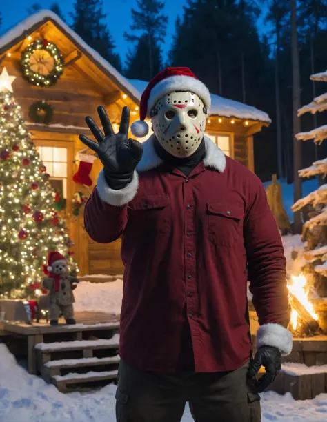 <lora:jasonvoorhees:0.75> (Intense jasonvoorhees dressed as Santa Claus waving at viewer, , outside at camp Crystal lake in winter at dusk, Christmas decorations, outdoors:1.25), wearing santa hat, red clothing, (Christmas tree, campfire in background:1.1), cinematic lighting, 8K UHD RAW photo, Kodak 616 Junior Camera, Æ/2.8, ISO 204800, 85mm lens, (sharp focus:1.2), <lora:ral-santa-sdxl:0.5> ral-santa style