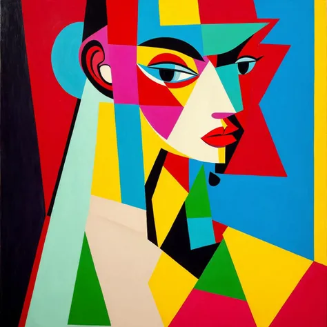 Cubist painting inspired by Picasso, portrait of a young woman, fragmented features, cubist style, angular features, colorful elements, abstract, modern, art deco, cubism, cubist features, cubist style painting, picasso, abstract expressionism, surrealism, cubist portrait