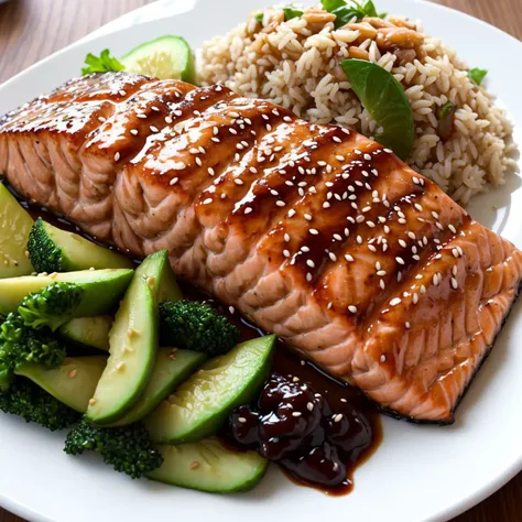 Teriyaki Salmon, salmon, fish, seafood, teriyaki sauce, Asian, Japanese, Asian cuisine, Japanese cuisine, salmon cooked, teriyaki style, salmon teriyaki, teriyaki salmon, teriyaki salmon over rice, vegetables, side salad, green salad, vegetables, rice, brown rice, cooked rice, cooked salmon, teriyaki sauce over rice, dinner, homemade meal, healthy meal, protein, teriyaki salmon dinner, Asian dinner, Japanese dinner