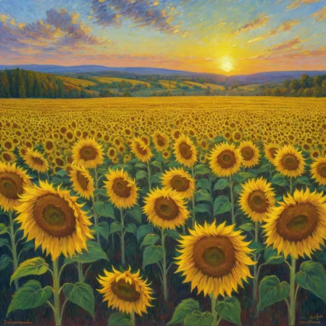 Impressionism depiction of sunflowers, sunlit field, soft warm light, long shadows, soft brushstrokes, painterly style, impressionist brushstrokes, painter impressionist style, painterly colors, soft colors, golden hour, warm light, sunlit field, sunflowers, sunlight, sunset, nature, fields, outdoor, landscape, sky, impressionist painting, impressionist artist, French style impressionism