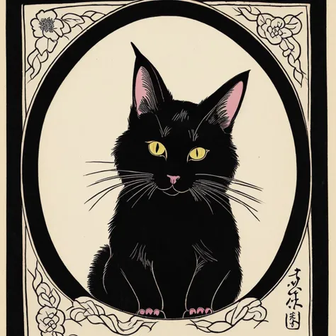 Ukiyo-e (((A hand drawn cell of a portrait of a witch's familiar, a black cat, observing from a perch))) Japanese art, Japanese woodblock prints, Ukiyo-e style, traditional Japanese art, traditional Japanese paintings, color, ink and wash, Japanese culture, Japanese prints