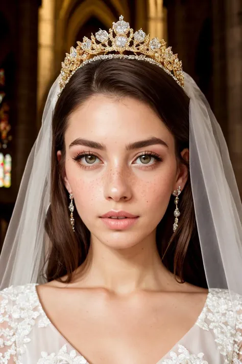 donna_langley, woman, young, bride, white wedding dress, big diamond tiara, veil, perfect brown hair, diamond embroidery, portrait, gold jewelry, diamond earrings, looking at viewer, beautiful face, perfect brown eyes, pouty pink lips, perfect skin, few freckles, best quality, indoors, cathedral, church, soft lighting,
