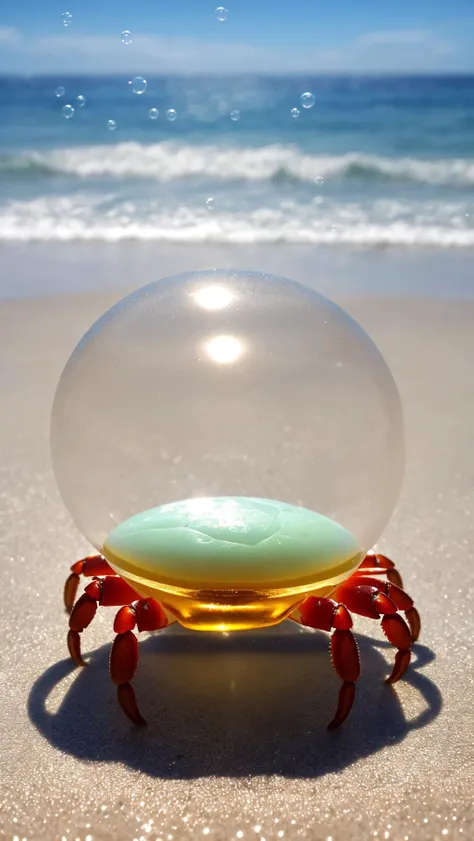 photorealistic fully transparent unusual crab completely made of soap bubbles, highly detailed, on the beach in front of the ocean, perfectly rendered, detailed closeup, macro photography