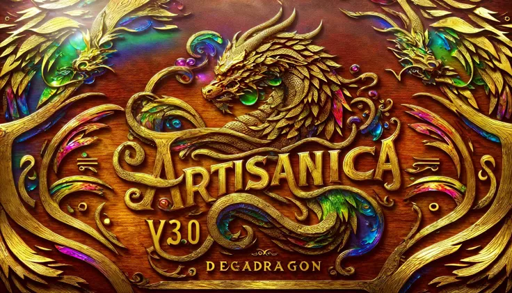 a very nice looking logo for a wine company with a ((dragon on it's head and a dragon on the side)), Android Jones, dragon art, an art deco painting, art nouveau, pure gold, (((flowers, rainbow, glass, bubbles, leaves, wood, metallic reflections, glow))), (((wooden background)))