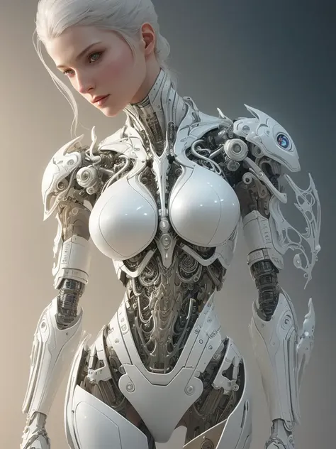 organic cyborg, white plastic, diffuse lighting, fantasy, intricate, elegant, highly detailed, lifelike, photorealistic, digital painting, artstation, illustration, concept art, smooth, sharp focus, art by John Collier and Albert Aublet and Krenz Cushart and Artem Demura