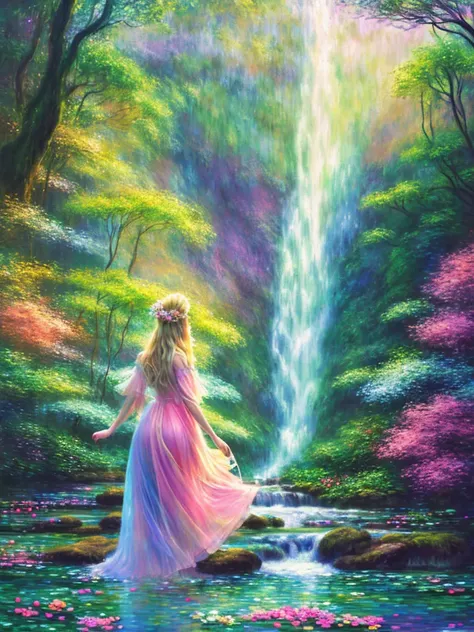 Blonde rainbow goddess, dancing, forest, ethereal glow, pastel colors, waterfalls, surreal landscape, Monet's impressionism, brushstrokes, floating flowers, dreamy atmosphere, fantasy world, enchanted creatures, twinkling stars, celestial sky, soft focus, misty veil, magical energy, digital painting, high definition