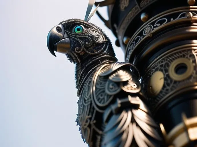 a cute palm cockatoo made out of metal, (cyborg:1.1), ([tail | detailed wire]:1.3), (intricate details), hdr, (intricate details, hyperdetailed:1.2), cinematic shot, vignette, centered