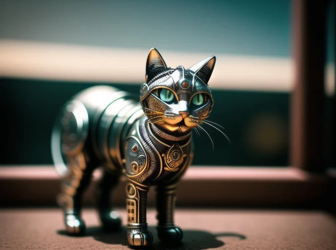 a cute cat made out of metal, (cyborg:1.1), ([tail | detailed wire]:1.3), (intricate details), hdr, (intricate details, hyperdetailed:1.2), cinematic shot, vignette, centered