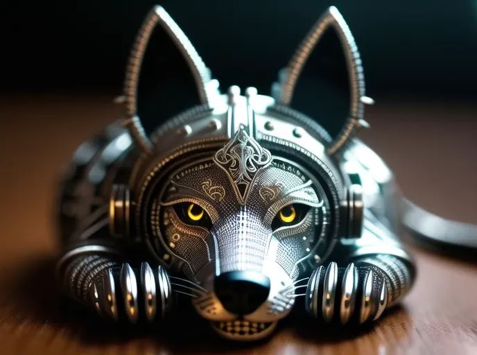 a cute wolf made out of metal, (cyborg:1.1), ([tail | detailed wire]:1.3), (intricate details), hdr, (intricate details, hyperdetailed:1.2), cinematic shot, vignette, centered