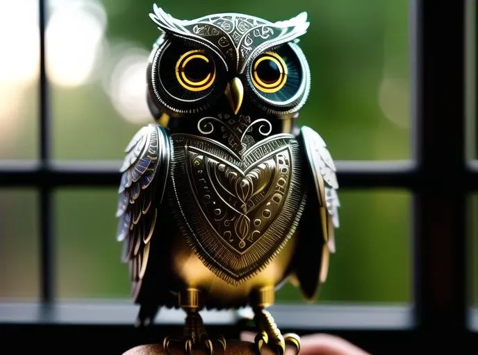 a cute owl made out of metal, (cyborg:1.1), ([tail | detailed wire]:1.3), (intricate details), hdr, (intricate details, hyperdetailed:1.2), cinematic shot, vignette, centered