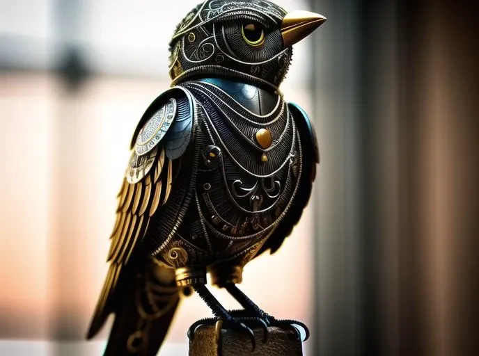 a cute bird made out of metal, (cyborg:1.1), ([tail | detailed wire]:1.3), (intricate details), hdr, (intricate details, hyperdetailed:1.2), cinematic shot, vignette, centered