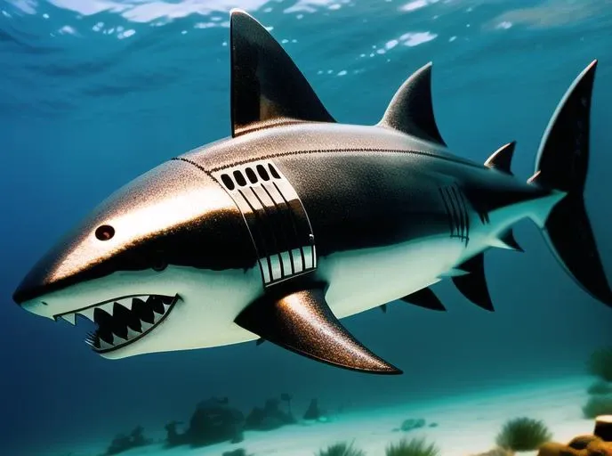 a cute shark made out of metal, (cyborg:1.1), ([tail | detailed wire]:1.3), (intricate details), hdr, (intricate details, hyperdetailed:1.2), cinematic shot, vignette, centered
