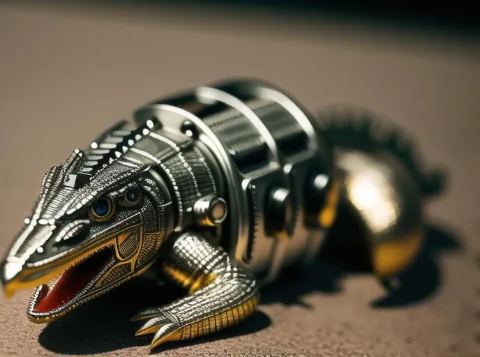 a cute crocodyle made out of metal, (cyborg:1.1), ([tail | detailed wire]:1.3), (intricate details), hdr, (intricate details, hyperdetailed:1.2), cinematic shot, vignette, centered