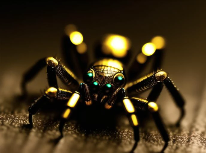 a cute spider made out of metal, (cyborg:1.1), ([tail | detailed wire]:1.3), (intricate details), hdr, (intricate details, hyperdetailed:1.2), cinematic shot, vignette, centered