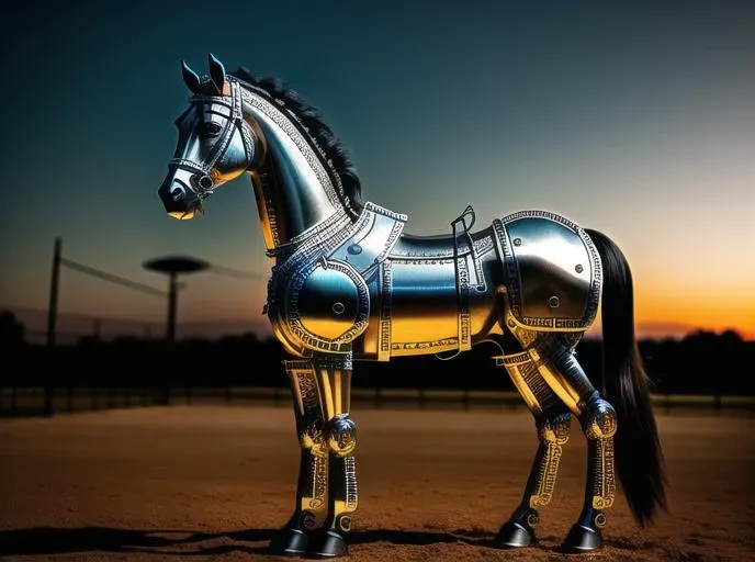 a cute horse made out of metal, (cyborg:1.1), ([tail | detailed wire]:1.3), (intricate details), hdr, (intricate details, hyperdetailed:1.2), cinematic shot, vignette, centered