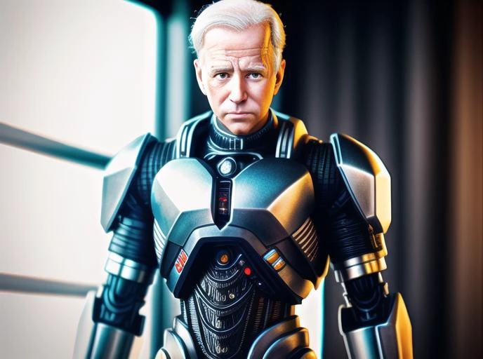 a cute biden made out of metal, (cyborg:1.1), ([tail | detailed wire]:1.3), (intricate details), hdr, (intricate details, hyperdetailed:1.2), cinematic shot, vignette, centered