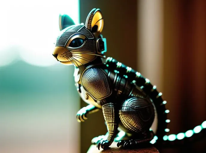 a cute squirell made out of metal, (cyborg:1.1), ([tail | detailed wire]:1.3), (intricate details), hdr, (intricate details, hyperdetailed:1.2), cinematic shot, vignette, centered