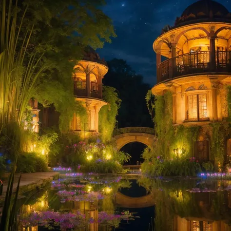 (((lybyrynth))), high angle, Labyrinth, hanging gardens of babylon at night, pond, mud, godrays, water lilies, reeds, fireflies, vivid color, three point perspective, cinematic lighting, intricate detail