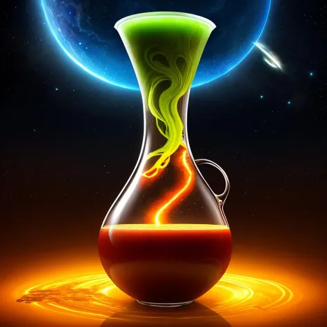 Alien Infusion Beverage, out-of-this-world drink, alien elixir, extracts, rare extraterrestrial plants, infused ionized energy, distant nebula, served in a glowing glass vessel, HDR, foodphoto