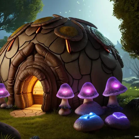 octane render unreal engine 2d animation photorealistic (bioluminescent:1.2) psychadelic mushroom house (masterpiece:1.3) (illustration) (ultra quality) (insane detail) (intricate) (8k) (HDR) (wallpaper) (natural light) (deep dark shadows) (sharp focus)