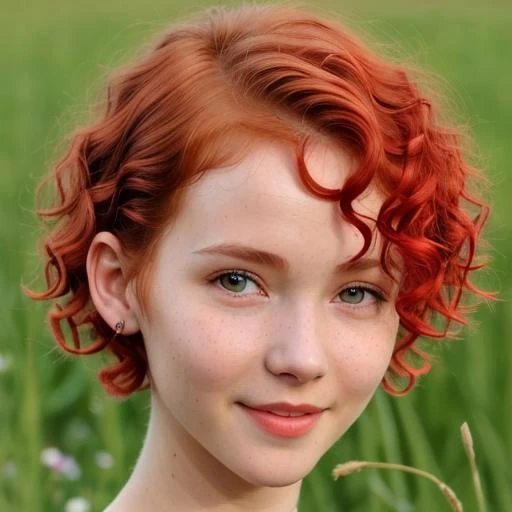 professional medium shot photo of skinny provoking nymphette with (curly pixie haircut) (ruby red hair) snub nose with detailed facial features and model eyes hanging out at meadow, soft shadows