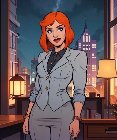 judy,blue eyes,orange hair,bob cut,
grey suit,smile,blue skirt,pants,
in office,night,cityscape,
standing,
(insanely detailed, beautiful detailed face, masterpiece, best quality) solo,<lora:Birdgirl-12JK:0.7>,