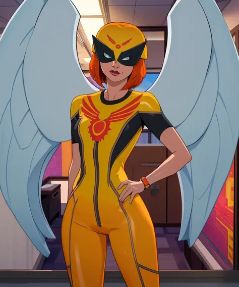 judy,orange hair,(no pupils:1.2),
black mask,yellow cap,yellow bodysuit with red trim,
metal wings,
in office,
standing,hips,
(insanely detailed, beautiful detailed face, masterpiece, best quality) solo,<lora:Birdgirl-12JK:0.8>,