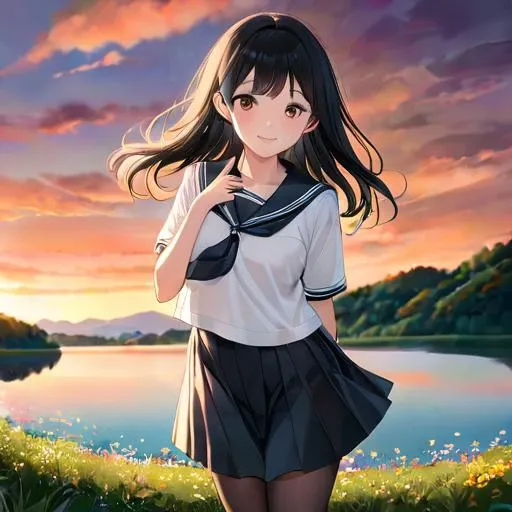 photo, young adult woman, Korean, looking at viewer, half smile, playful expression, joy, cinematic, spring dusk landscape, lush greenery, beautiful view, orange sunset sky, beautiful clouds, wildflowers, tranquil lake, bokeh, high resolution, moody natural lighting, wisps of light, black_pantyhose, jk_skirt , jk_sailor,  jk_tie, hand, cute asian student face, <lora:pantyhose_xl_v11:1>  <lora:jk uniform:1>  <lora:detailed_hands:1> <lora:people_005_cosine_iter2_ 0000005_sdxl_10epoches_adafactor:1>