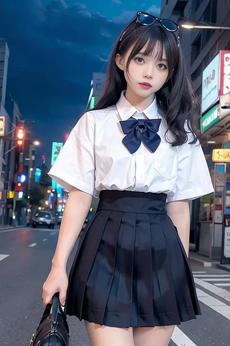 (8k, RAW photo, best quality, masterpiece:1.3),(realistic,photo-realistic:1.37),(night),(looking at viewer:1.331),(white hair),posing,Tokyo street,nightcityscape, <lora:asianGirlsFace_v1:0.5>, cyberpunk city,soft light,1girl,extremely beautiful face,bust,put down hands,Random hairstyle,Random expression,big eyes, ,lower abdomen, <lora:jkUniform_v20:0.5> (short-sleeved JK_shirt),JK_style,(dark blue JK_skirt) ,(bow JK_tie),<lora:mix4:0.4>,mix4