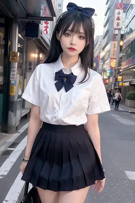 (8k, RAW photo, best quality, masterpiece:1.3),(realistic,photo-realistic:1.37),(night),(looking at viewer:1.331),(white hair),posing,Tokyo street,nightcityscape, <lora:asianGirlsFace_v1:0.5>, cyberpunk city,soft light,1girl,extremely beautiful face,bust,put down hands,Random hairstyle,Random expression,big eyes, ,lower abdomen, <lora:jkUniform_v20:0.5>  (short-sleeved JK_shirt),JK_style,(dark blue JK_skirt) ,(bow JK_tie),<lora:mix4:0.4>,mix4