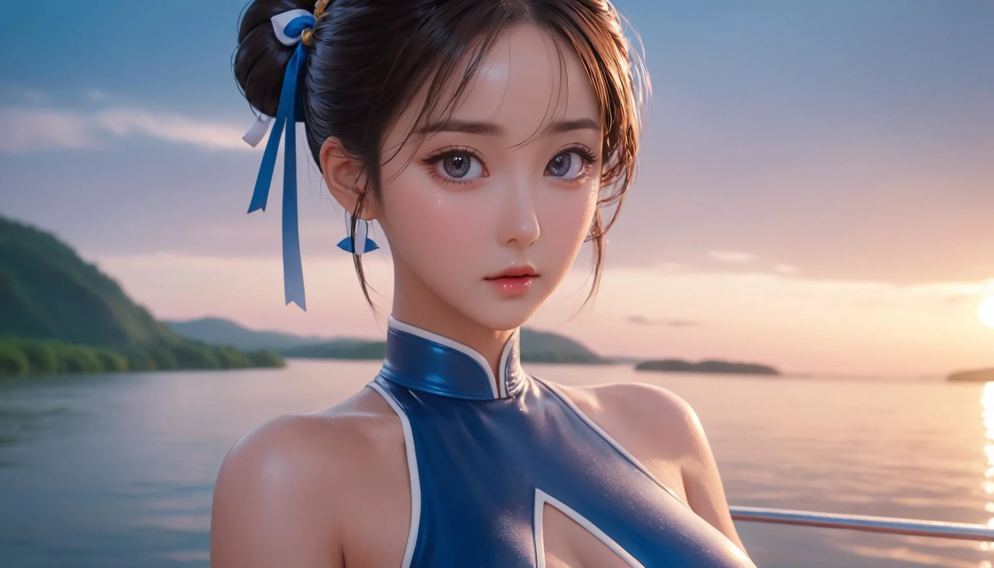 <lora:soakingwetclothesXL:0.5>, soakingwetclothes , 1girl , <lora:chun li:0.5>, Chun-Li, a surprise proposal on a scenic riverboat ride, very thin waist, <lora:SDXL_MassiveCowsLoRA_v1:0.1> breasts, cleavage, slim body,, (8k, masterpiece, best quality, ultra-detailed), (an extremely delicate and beautiful)kawaii, cute, very big eyes, Aesthetic Anime Eyes, small face, large breasts, cinematic lighting, , Intricate, High Detail, Sharp focus, dramatic, masterpiece, best quality, ultra-detailed,