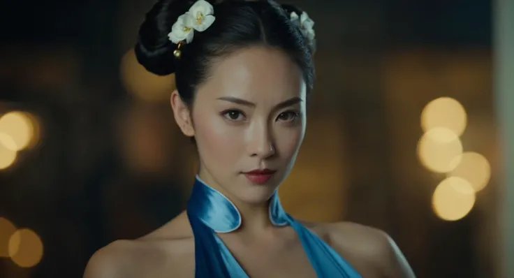 cinematic film still of Cinematic Film stock footage in (arri alexa style) Kodak film print, <lora:chun li:1> Chun-Li a woman in a costume is posing for a picture, shallow depth of field, vignette, highly detailed, high budget, bokeh, cinemascope, moody, epic, gorgeous, film grain, grainy